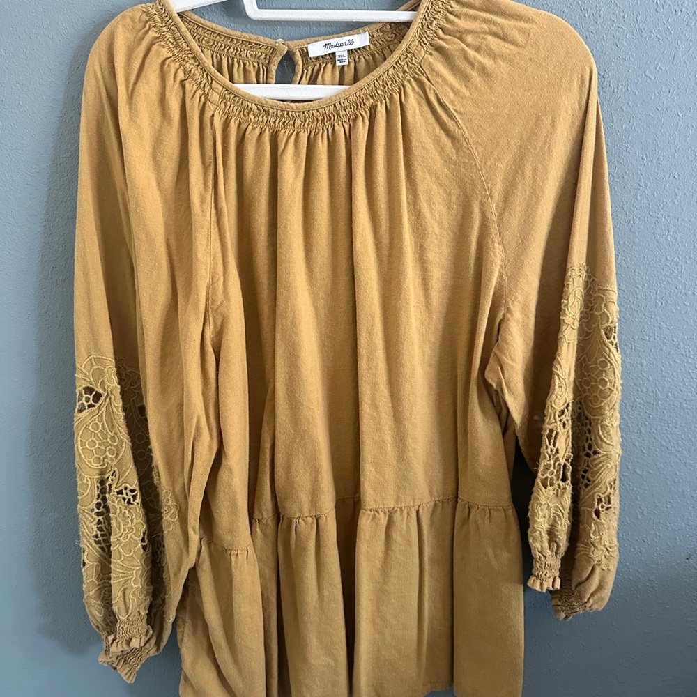 Mustard Peasant Top with Lace Sleeves